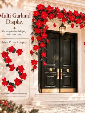 Red Velvet Poinsettia Decorative Garland 10 Flower Heads & Sets of Green Leaves